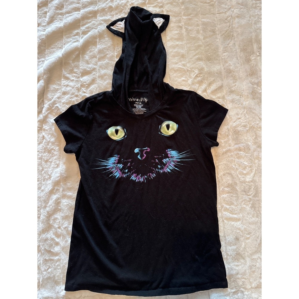 Juniors M 7-9 Womens Black Kitty Cat Hoodie with ears T-Shirt Costume Tee Shirt